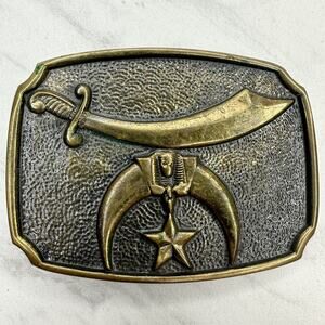 Vintage BTS Solid Brass Shriners Belt Buckle Scimitar Star USA ✨